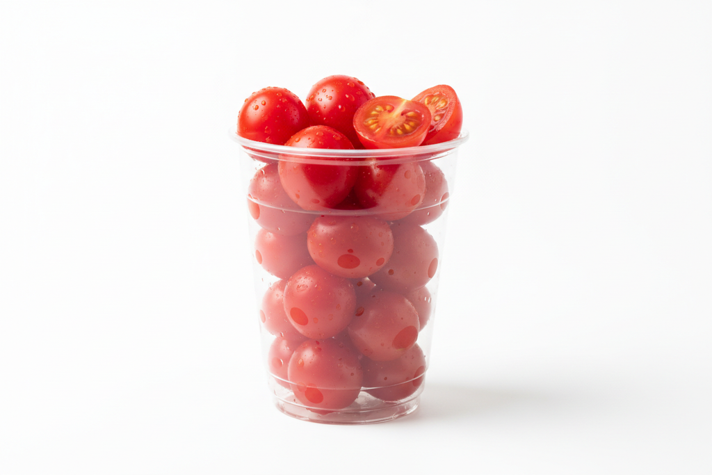 cherry tomatoes in a plastic cup on white background