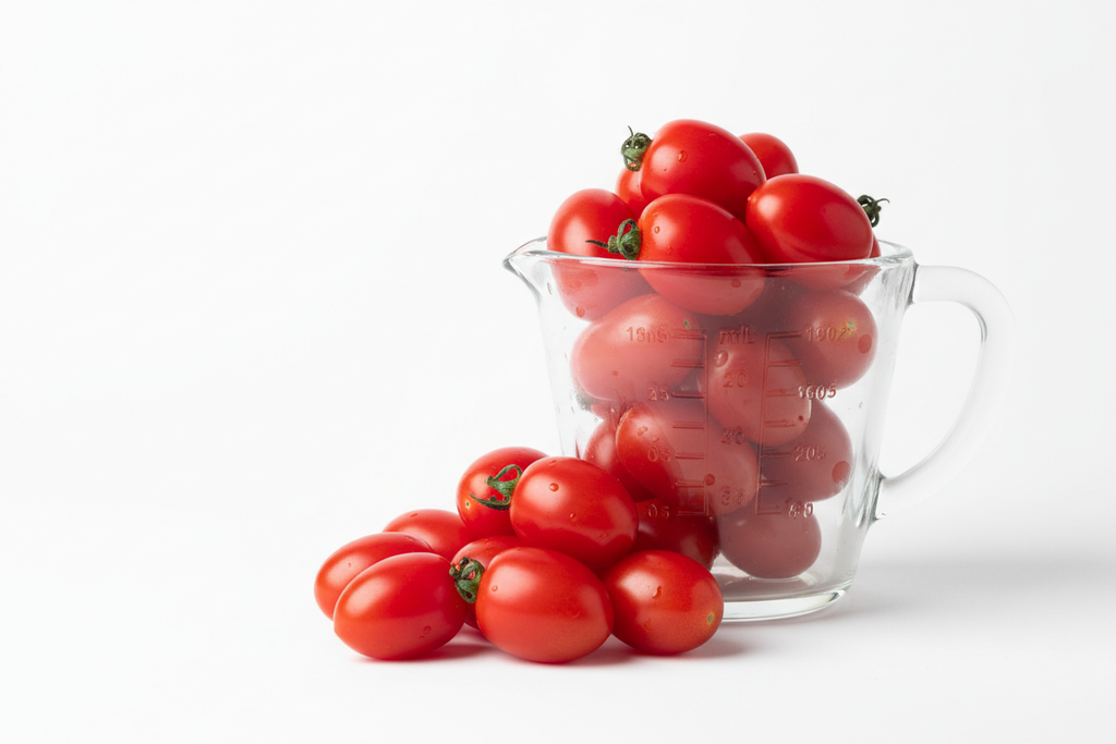 cup of grape tomatoes on white background
